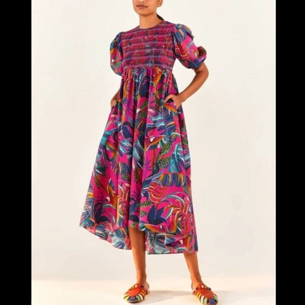 Farm Rio Rainbow Macaws Midi Dress Pink Blue Tropical Bird Print High Low Size S